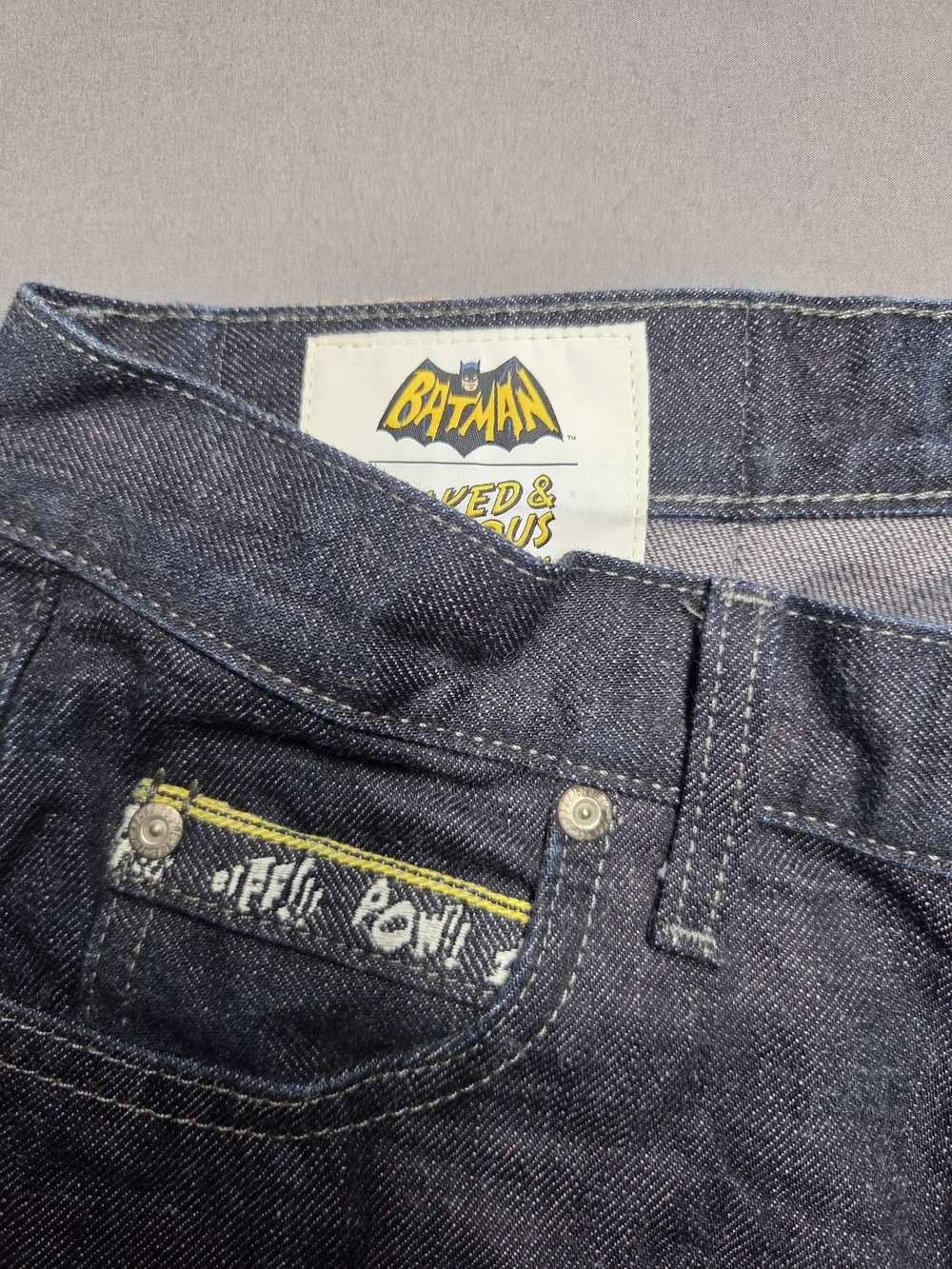 Batman Naked & Famous Denim Navy Jeans with Yellow Trim